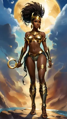 An anime-style ebony Somali Amazon woman with a long top-knot ponytail wearing gold bikini armor and gladiator sandals. A caption of lettering above her head says, "Xanthe",Xanthe,nubia,auriongold,sis