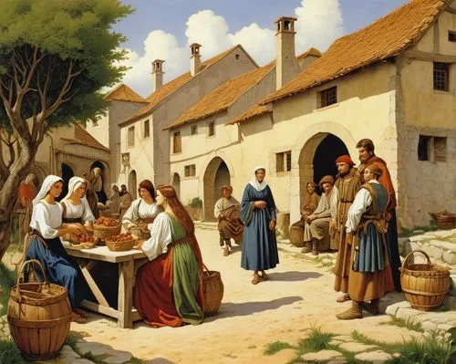 the production of the beer,cheesemaking,pilgrims,woman at the well,village scene,soup kitchen,grape harvest,medieval market,basket maker,woman holding pie,church painting,basket weaver,winemaker,village life,peasant,merchant,cheese sales,candlemas,harvest festival,wine harvest,Illustration,Retro,Retro 01