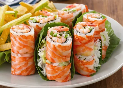 Write a recipe for a delicious and healthy shrimp roll.,salmon roll,california maki,sushi roll images,california roll,spring rolls,spring roll,sushi roll,fish roll,sushi rolls,crab stick,surimi,saladi