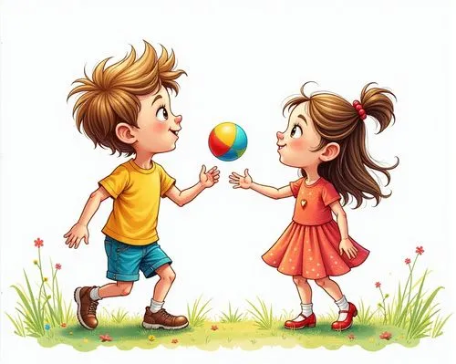 cute cartoon image,water balloon,rainbow color balloons,water balloons,little boy and girl,little girl with balloons