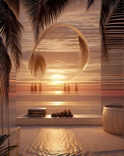 dream beach,beach landscape,beach furniture,tropical house,beach scenery,tropical beach,3d background,tropical island,beautiful beach,evening atmosphere,paradise beach,cabana,ocean paradise,dreamland,hammock,beach tent,sunset beach,paradise,tranquility,coconut trees