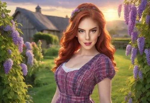 Penelope, smiling young teen redhead, combination of young teenage Ariel Winter Christina Hendricks face, green eyes, long red hair, green eyes, twilight, sunset, wisteria bushes, purple and pink sun 