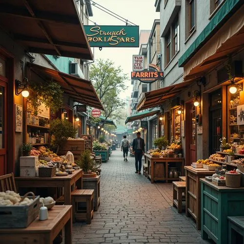 Vibrant market stalls, eclectic mix of materials, bold neon signs, rustic wooden crates, distressed metal accents, warm earthy tones, rich turquoise hues, deep coral colors, creamy whites, pops of bri