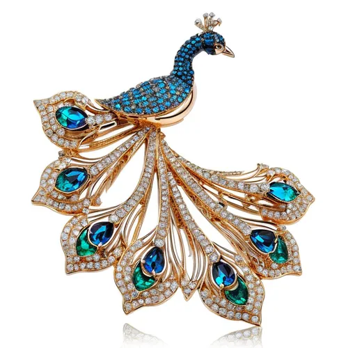 a high quality brooch jewelry inspired by peacock, gold material and diamonds,peacock,peafowl,brooch,jewelries,broach,brahminy duck,an ornamental bird,ornamental bird,blue peacock,jewellery,bridal acc