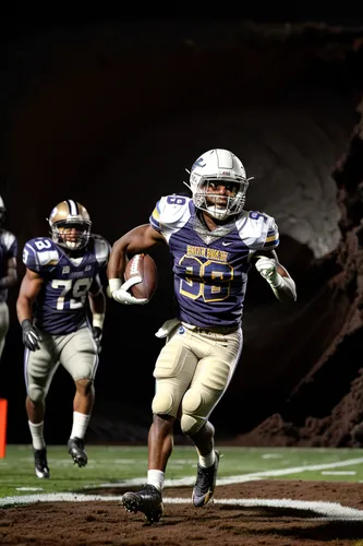 Brown skin Football player running from massive sinkhole in the ground,running back,kick return,gridiron football,indoor american football,sprint football,to run,arena football,sprinting,death valley,