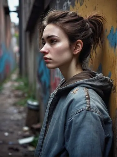 Ugly, side profile, asymmetrical face, bulbous nose, messy brown hair, thick eyebrows, acne on forehead, pale skin, worn-out clothes, sloppy posture, leaning against a dirty wall, graffiti-covered all