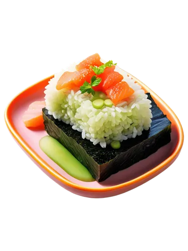 Sushi, Japanese cuisine, colorful pixels, small dish, green wasabi, pink salmon, white rice, black seaweed, bright orange carrot, detailed texture, 3D-like, isometric view, high contrast, vibrant colo