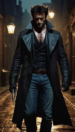 Wolverine, Lord of Vampires, strong muscular physique, sharp claws, healing factor, angry eyes, messy brown hair, black leather trench coat, ripped jeans, bare chest, fangs, bloodstained mouth, dark a