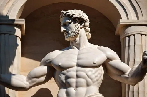 Ancient Greek statue, marble material, intricate details, ornate pedestal, columnar structure, temple surroundings, sunny day, warm light, dramatic shadows, heroic male figure, muscular body, flowing 