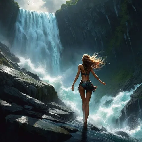 cascada,water fall,the blonde in the river,waterfall,water nymph,mermaid background,Conceptual Art,Fantasy,Fantasy 12