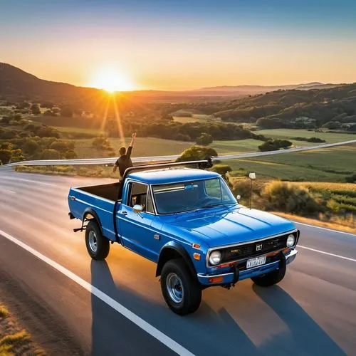 1972 Honda blue truck with black racing stripe and spoiler, birds eye view background has person waving during sunset,subaru brat,ford bronco ii,lada niva,jeep gladiator,triumph tr6,triumph tr 6,ford 