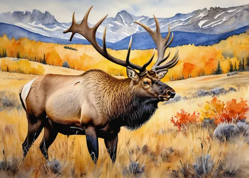 Paint a vivid picture of a bull elk's dominance as it dominates the scene on a serene lateral moraine.,bull elk on lateral moraine,elk,elk reposing on lateral moraine,elk bull,bull elk resting,bull el