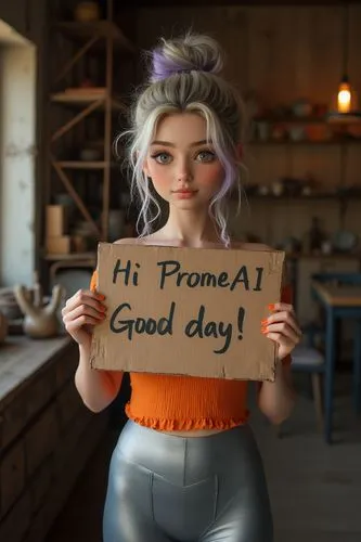 A 21yo petite model girl with light silver+purple hair in a messy bun is holding a cardboard sign that reads \"Hi PromeAI users! Good day, \" wearing a orange off-shoulder top, full body, a silver tig