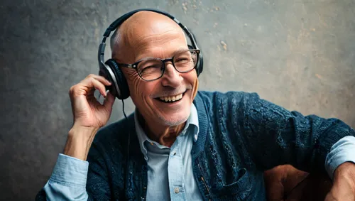 a hairless old man with glasses sitting listening to music and smiling,a man sitting with headphones on in a room,tobolowsky,zetsche,mitrovich,baradei,shuli,elbaradei,Photography,General,Fantasy