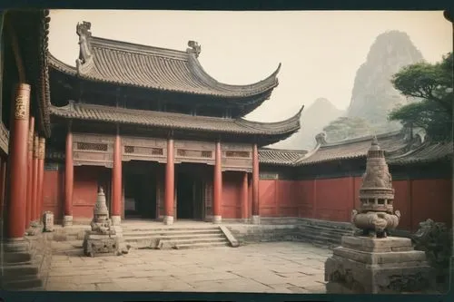 Sinan ancient architecture, traditional Chinese temple, intricately carved wooden doors, vibrant red walls, upturned eaves, golden ornaments, ceramic roof tiles, majestic stone lions, serene courtyard