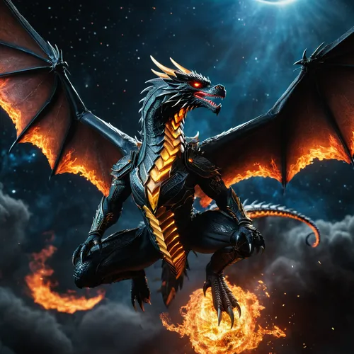 black mortal kombat mtalic dragon flying  in space, fire breath, two wings, one tail,,charizard,fire breathing dragon,black dragon,draconic,dragon fire,dragon of earth,dragon,dragon design,painted dra