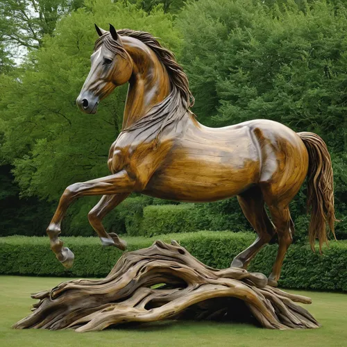 Masterpiece wood art by Heather Jansch - Specializes in creating life-size sculptures of horses and other animals using driftwood. complex scene, award winning,belgian horse,wooden rocking horse,woode