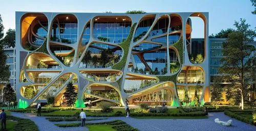 a building with multiple levels and multiple storyed sections with trees,skolkovo,chengdu,hongdan center,ocad,technopolis,futuristic architecture,Photography,Artistic Photography,Artistic Photography 