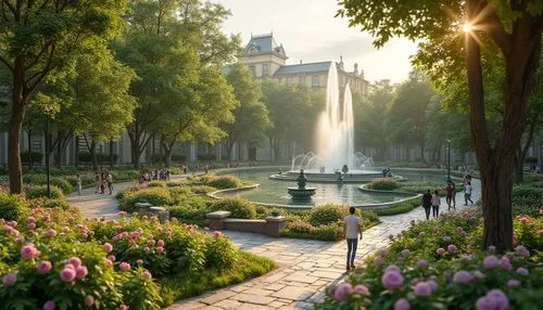 Baroque style park, sustainable practices, lush greenery, ornate fountains, grand walkways, vibrant flower beds, majestic trees, natural stone pathways, eco-friendly lighting, solar-powered lanterns, 