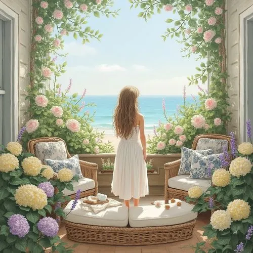 sea of flowers,idyllic,kokia,girl in flowers,printemps,idyll