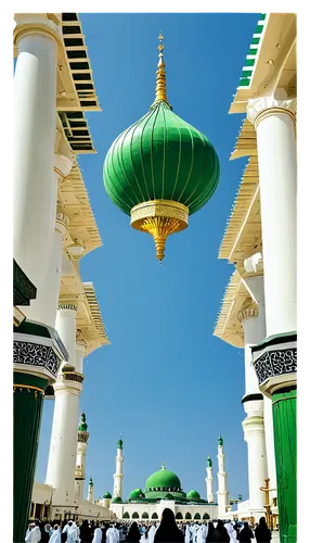 Historic cityscape, Madinah, Saudi Arabia, Masjid al-Nabawi, grand mosque, green dome, white pillars, intricate architecture, Islamic calligraphy, crowded street, pilgrims, traditional clothing, hijab