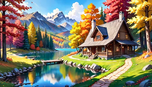 autumn background,autumn landscape,landscape background,fall landscape,home landscape,house in mountains,autumn mountains,house in the forest,autumn camper,alpine village,house in the mountains,autumn scenery,cottage,autumn idyll,house with lake,summer cottage,autumn theme,log cabin,mountain village,mountain scene,Anime,Anime,General