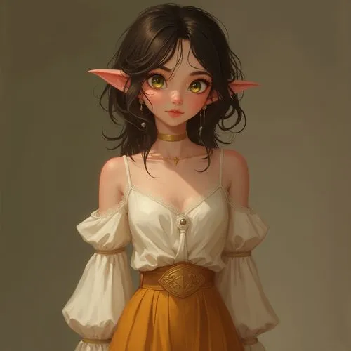 She stands with a petite yet athletic build, her slender physique honed from mixed magic and agility, draped in a cream-colored camisole with trumpet sleeves and a warm golden brown floor-length skirt