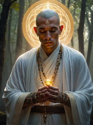 Ethereal astral monk, mystical aura, glowing eyes, shaved head, intricate tattoos on arms and chest, flowing white robes with golden trim, ornate prayer beads, levitating in meditation, serene forest 