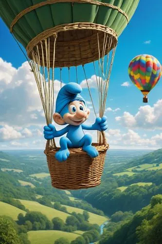 Smurfs, hot air balloon, bright blue sky, fluffy white clouds, village below, green forest, sun shining down, warm light, gentle breeze, colorful basket, vibrant ropes, wicker chair, excited Smurfs, w