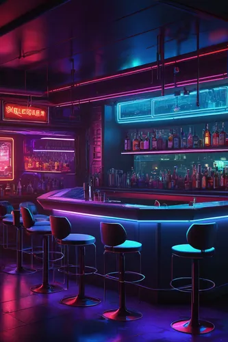 cyberpunk bar, Red Strings Club, neon lights, bartender android, pouring drink, reflective countertop, futuristic glassware, patrons with cybernetic implants, dim lighting, moody atmosphere, high-tech