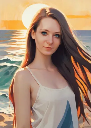 Portrait of a young woman with long flowing hair against the background of a sea sunset in sunny weather. Made in the style of rich oil painting.,beach background,celtic woman,sun and sea,photo painti