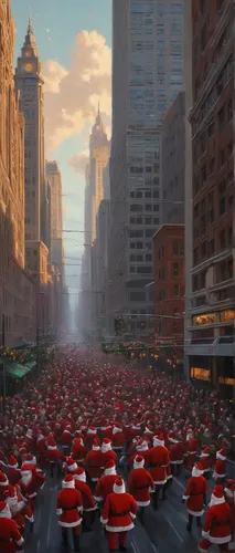 Describe a chaotic scene as Santa's sleigh crashes into a bustling city.,santarun,santa claus train,santa clauses,the sea of red,santa hats,santa sleigh,fire hydrants,invasion,wall street,manhattan,de