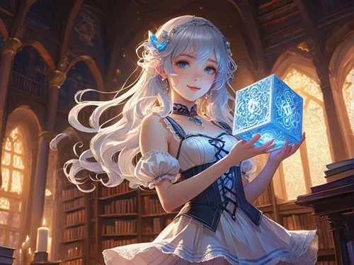 Semi-wa, magical girl, holding a glowing cube, transparent crystal sphere, intricate runes etched on surface, soft pulsing light, long curly silver hair, sparkly blue eyes, delicate features, pale ski