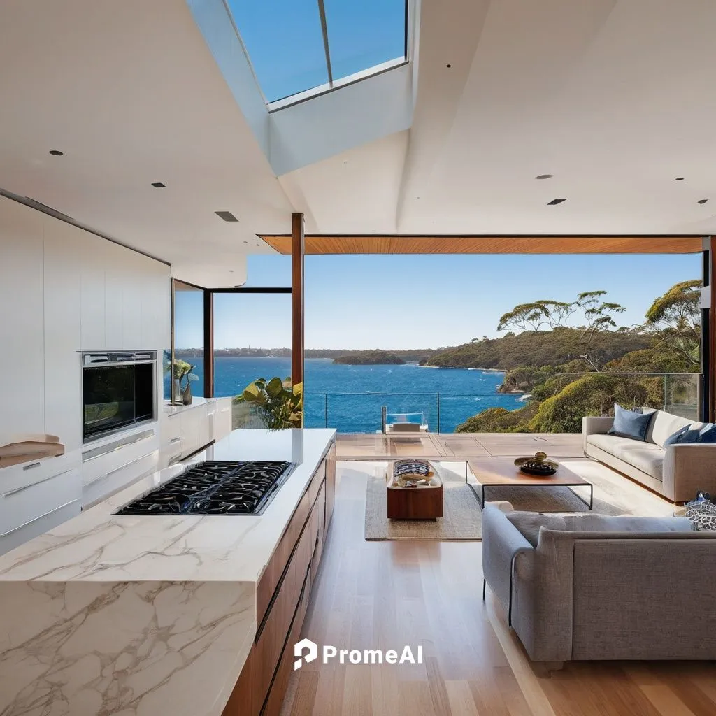 Modern Australian architectural home, luxurious villa, large glass windows, minimalist interior, high ceiling, wooden floor, elegant staircase, spacious open-plan living area, sleek kitchen island, ma