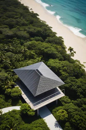 award winning architecture firm Kengo Kuma design a modern minimalist folding pavilion plaza with open views to the ocean and vegetation. Made with thin sheet metal structure, minimalist modern look m