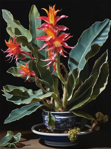 Robert Gribbroek, Epiphyllum, 1953, Oil on canvas board, Purchase with funds from the Friends of Art, Raymond Jonson Collection,ikebana,kalanchoe-x-houghtonii,epiphyllum,kalanchoe,splendens,epiphyllum