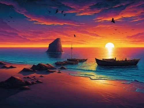 sunset at africa,fly birds,full hd wallpaper,fantasy landscape,sea landscape,seascape,fantasy picture,beautiful wallpaper,boat landscape,windows wallpaper,world digital painting,coast sunset,landscape