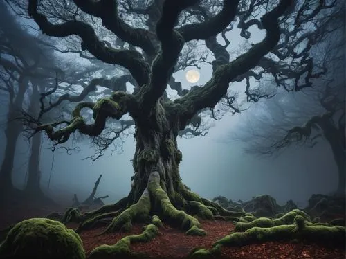 Mystical hagroot tree, ancient, twisted branches, thick gnarled trunk, moss covered, glowing ethereal mushrooms, surrounded by misty fog, eerie atmosphere, full moon shining above, dark mysterious for