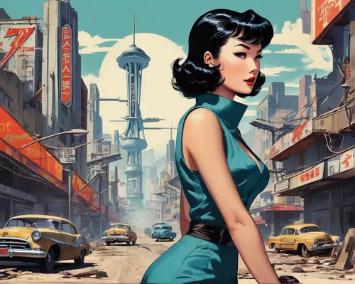 Imagine a prompt where Touka Kirishima navigates through a post-apocalyptic city, desperate for survival.,retro women,retro woman,vintage asian,retro girl,kowloon city,50's style,atomic age,fifties,re