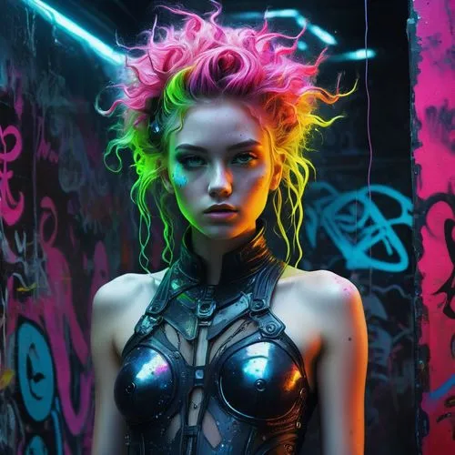 A grittily enchanting nymph, her delicate features a stark contrast to the urban decay surrounding her: dirt-smudged cheeks adorned with ethereal freckles, tangled neon hair cascading over graffiti-co