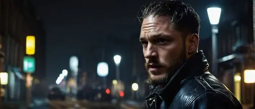 Tom Hardy, handsome man, 30s, strong facial features, sharp jawline, piercing eyes, messy black hair, rough stubble, black leather jacket, white shirt, dark denim jeans, boots, standing, city street, 