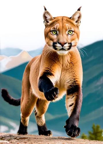 Wild Puma, solo, muscular body, yellow-brown fur, black tail tip, sharp claws, piercing green eyes, agile posture, running, jumping, mountainous background, soft natural light, cinematic composition, 