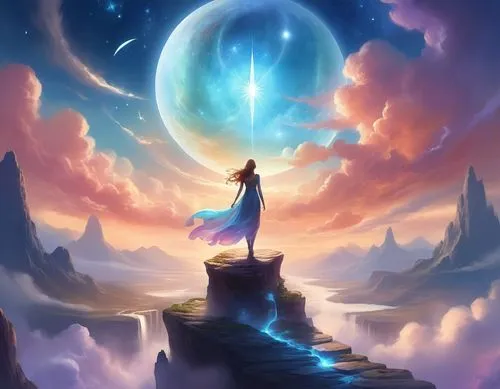 moon and star background,astral traveler,fantasy picture,dreamstone,fantasia,beautiful wallpaper,Illustration,Realistic Fantasy,Realistic Fantasy 01