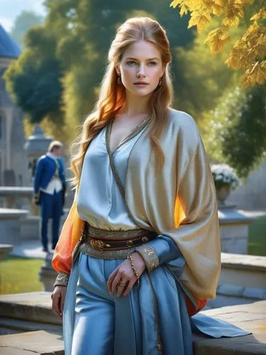 Victoria-Louise of Prussia with open blouse, once the most beautiful countess of Sussex.,a woman is wearing a long blue dress,margaery,margairaz,aslaug,eilonwy,morgause,kvothe,Photography,General,Natu