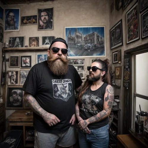 a photo of a fat old tattoo artist, old sunglasses and he is bearded and hairy, wearing old t-shirts, faded black shorts, tattooing a beautiful girl in his dark, medieval and rustic living room, with 