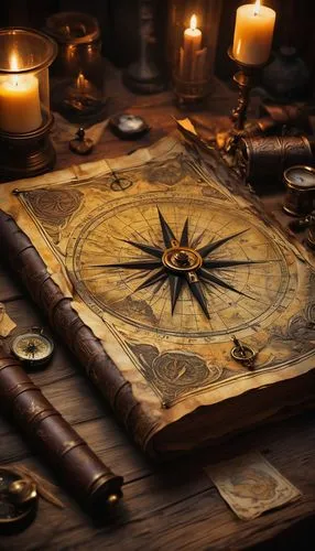 ancient map, yellowed parchment, worn edges, intricate illustrations, medieval fantasy style, ornate frame, golden compass, faded ink, creased folds, wooden table, dimly lit study, leather-bound tomes