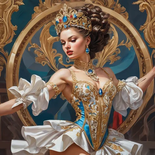 cinderella,rococo,majorette (dancer),dancer,baroque angel,matador,miss circassian,celtic queen,fantasy portrait,baroque,the carnival of venice,golden crown,cleopatra,queen of hearts,venetia,pageant,arabesque,imperial crown,gold crown,victorian lady,Conceptual Art,Fantasy,Fantasy 22