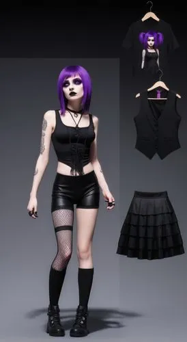 Paper doll 2d cartoon goth purple haired girl in black sleeveless shirt , black spandex shorts, complete full length fishnet and black goth knee Boots, standing surrounded by with a set of goth fashio