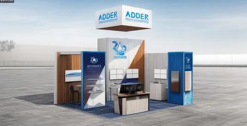 photorealistic, expensive, refined, tradeshow booth, reflective floor, gradient, clean, technology, corporate, graphic design, wood slats, blue, gradient, bright, monitors, cool, modern, warm accent c