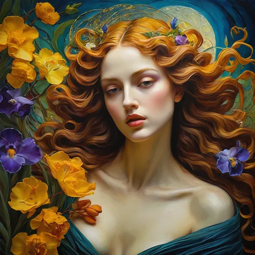 yellow rose,girl in flowers,golden flowers,blue rose,yellow roses,flora,gold yellow rose,mystical portrait of a girl,fantasy portrait,fantasy art,secret garden of venus,yellow petals,splendor of flowers,the sleeping rose,dryad,faery,golden lilac,blue moon rose,oil painting on canvas,orange blossom,Illustration,Realistic Fantasy,Realistic Fantasy 30